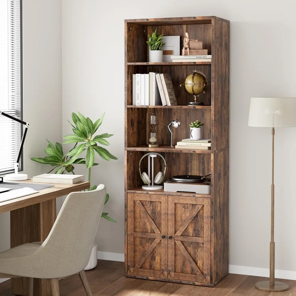 Industrial Style Farmhouse Wooden Bookcase with Doors, 11.8 inches Deep and 71.4 inches Tall Display Storage Shelves