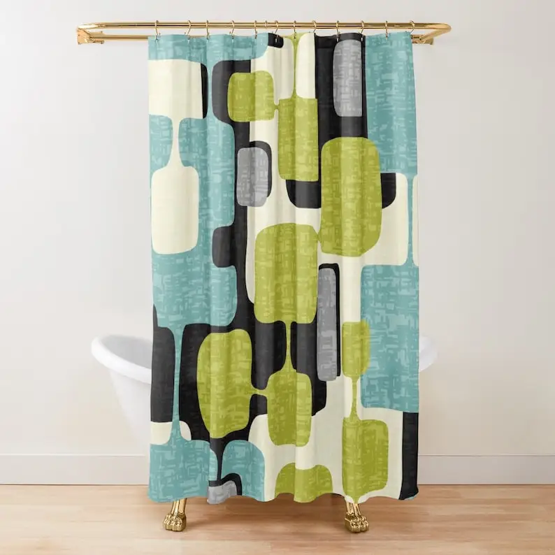 

Mid Century Modern Abstract Shower Curtain, Retro MCM Bath Decor in Teal & Lime