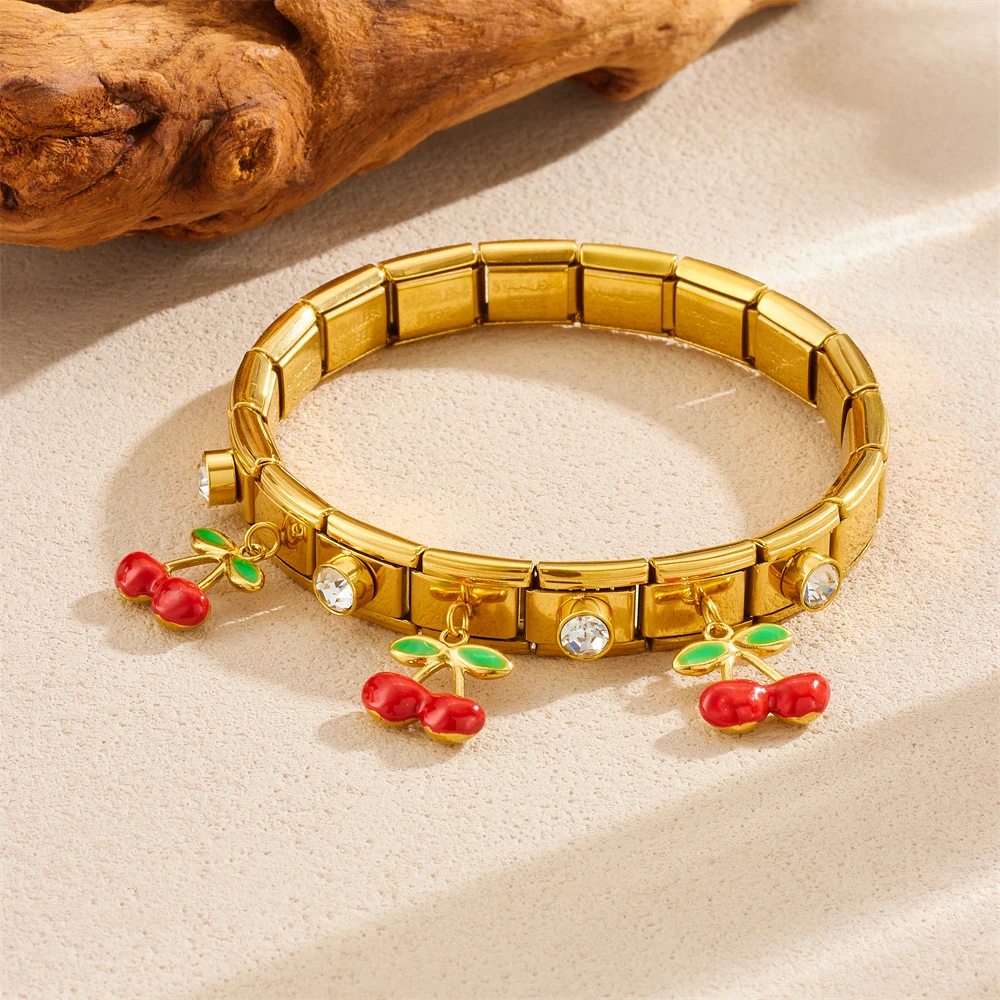 DIEYURO 316L Edelstahl-Armband mit roten Früchten und Kirschen, Zirkon-Armband für Damen, neue klassische Mode, Handgelenkschmuck, Party-Geschenk
