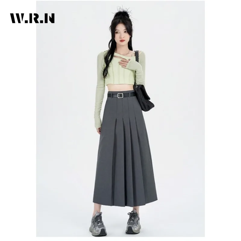 

2023 Summer Preppy Style Solid Color Soft Mid Long Skirts Women Vintage Grey High Waist Loose Streetwear A-Line Pleated Skirt
