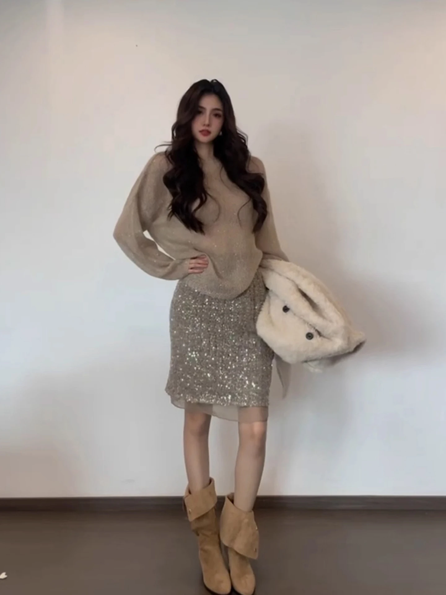 

XZY Korean Sle Knitted Semi-Transparent Sequin Midi Skirt Set plus Size Women's Faionable Winter Outfit High Waist Bodyco...