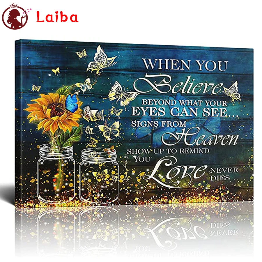 Diamond Mosaic Painting Cross Stitch Wall Decor, Diamond Embroidery, Butterfly, Flowers, blessing, Words, Full Square, Round