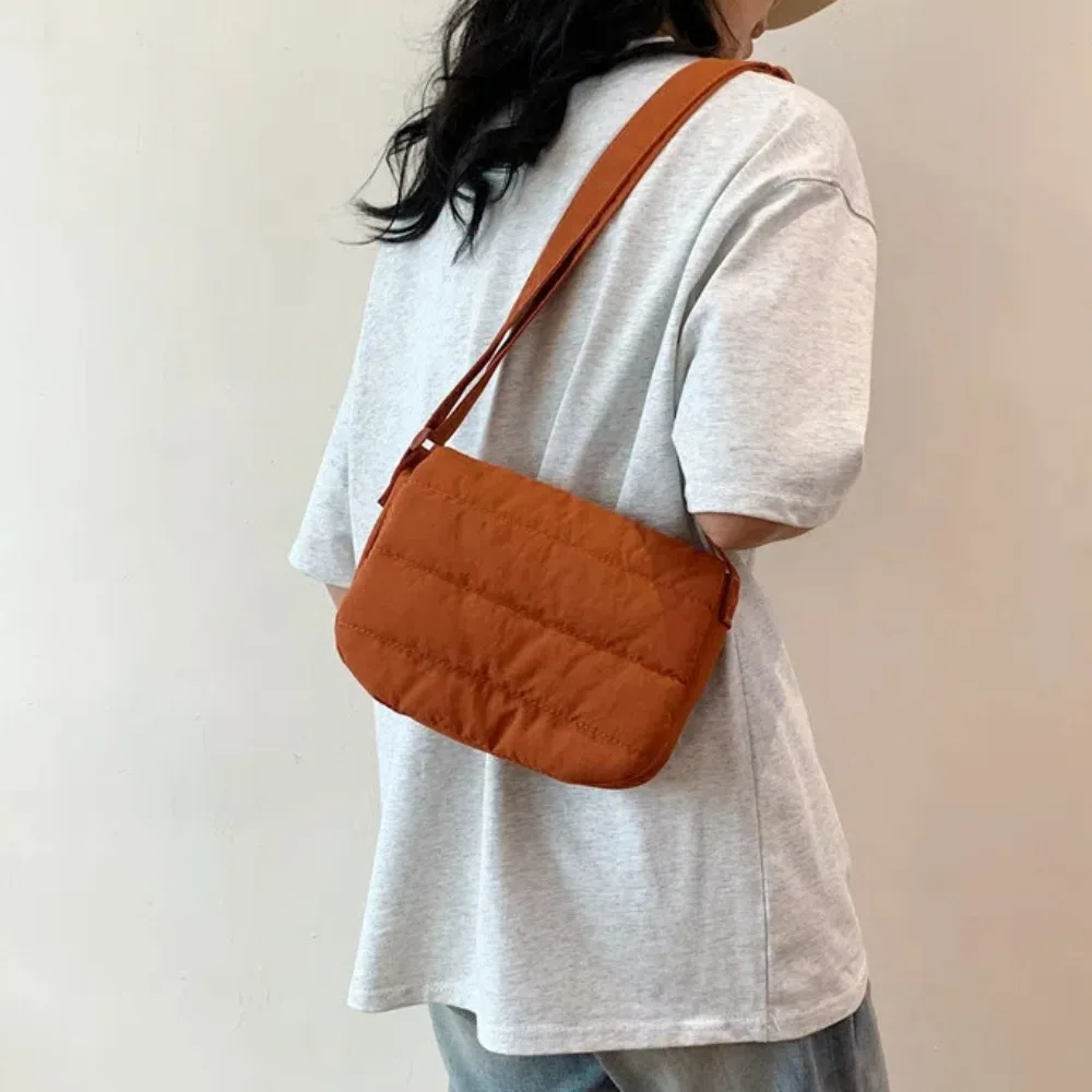 

Korean Style Quilted Cotton Shoulder Bag Nylon Flip Up Puffer Tote Bag Lightweight Solid Color Puffy Handbag School