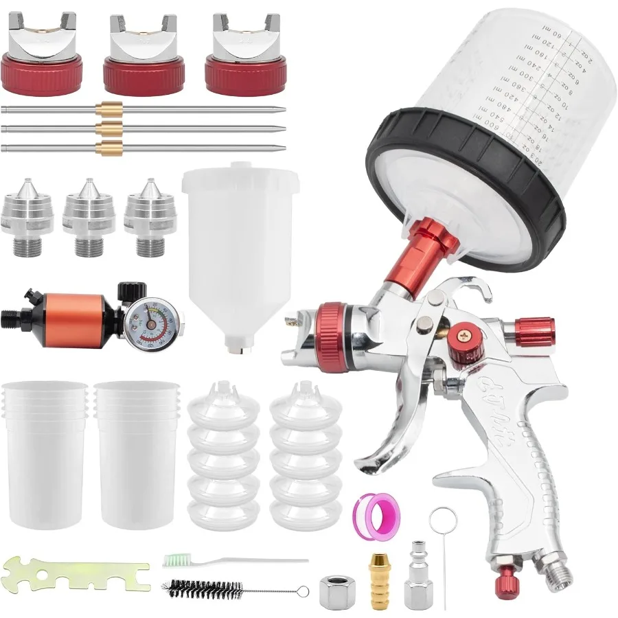 

Комплект пистолета-распылителя HVLP с гравитационной подачей для автомобильной краски и прикрашивания с соплами 1,4 1,7 2,0 мм 10 одноразовых 600 куб.см P
