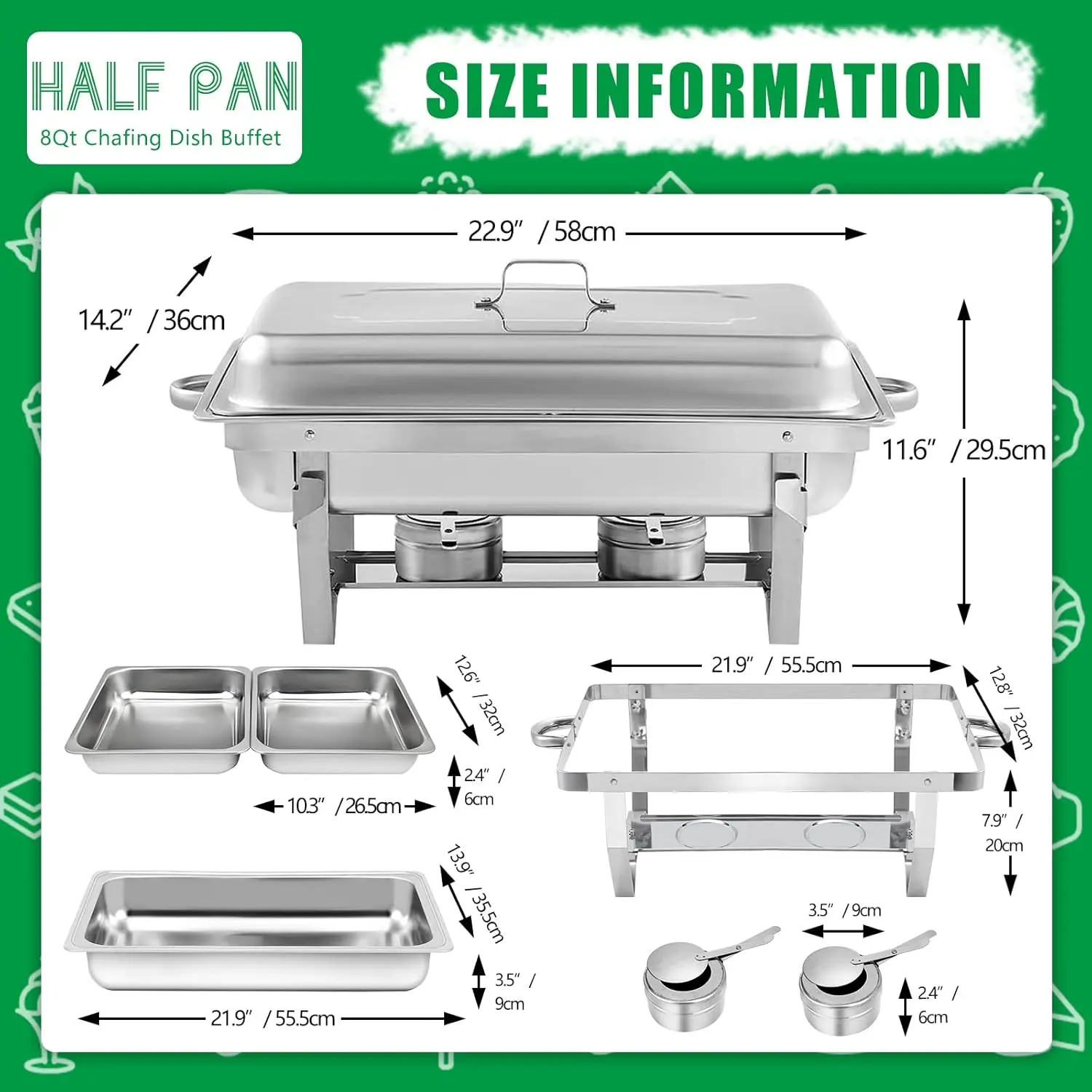 10 Pack Chafing Dish Buffet Set, Stainless Steel Catering Food Warmer For Banquet, Parties, Wedding (6 Packs 8Qt 1/2 Pan + 4