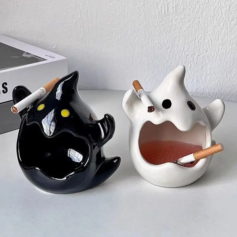 Funny Halloween Cartoon Ghost Ashtray Cute Ghost Candle Holder Decoration Ornaments Ceramic Living Room Cigar Ashtray Home