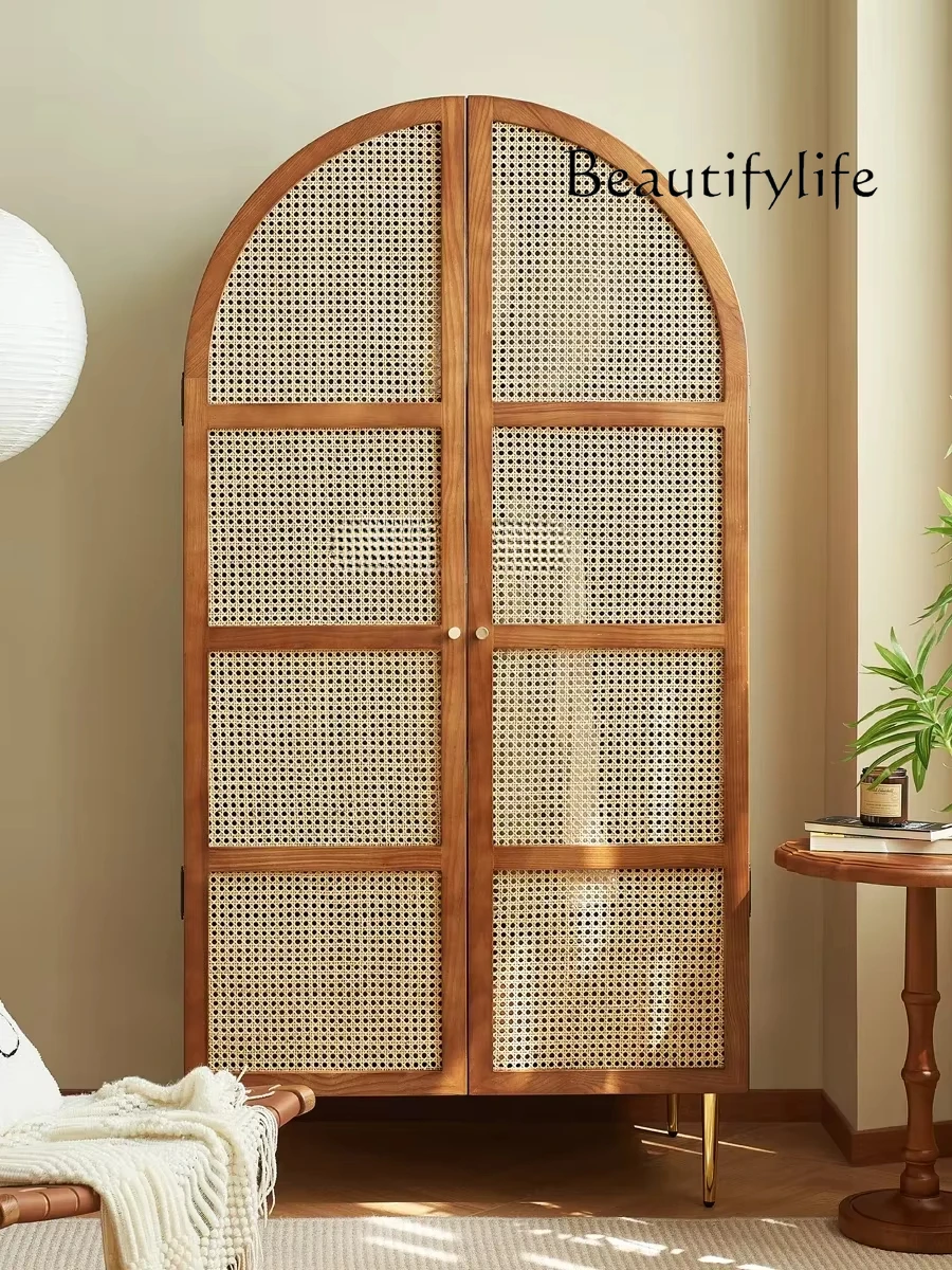 Nordic Vintage Wardrobe Solid Wood Household Rattan Bedroom Storage Storage Double Door Wardrobe