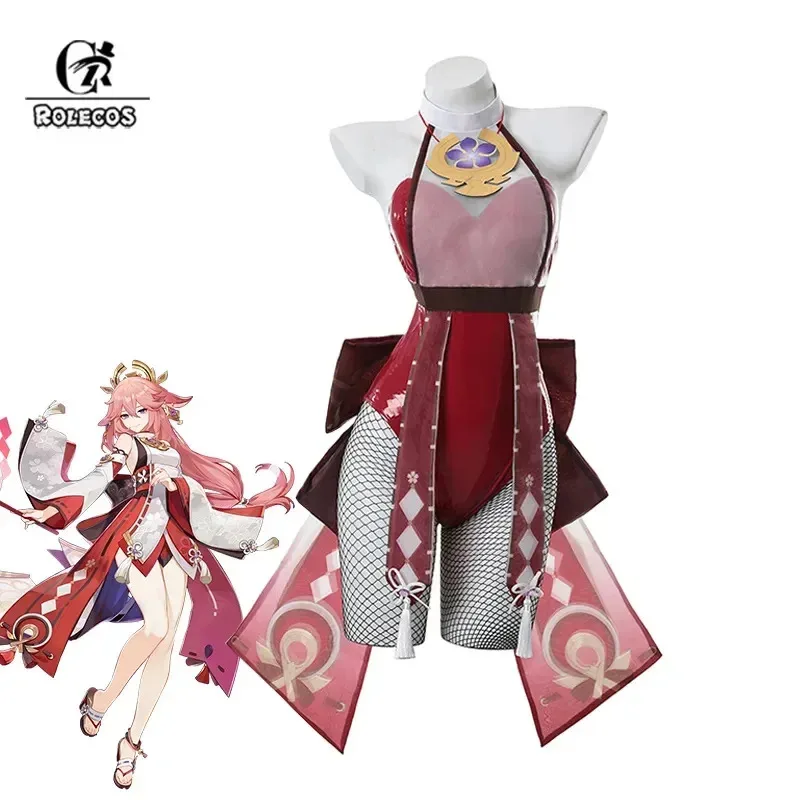 

ROLECOS Bunny Girl Yae Miko Косплей Костюм Genshin Impact Yae Miko Костюм кролика оригинальный сексуальный женский красный комбинезон