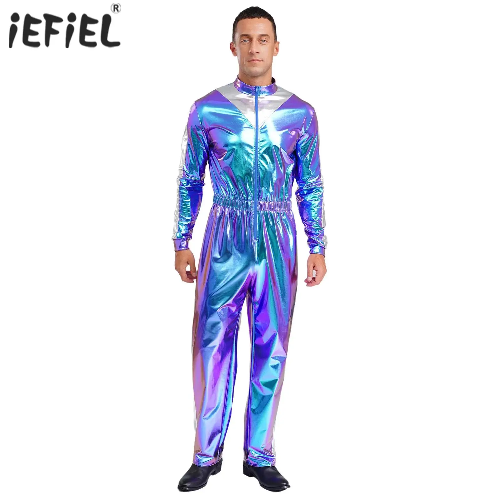 

Mens Sparkly Shiny Astronaut Alien Outer Space Cosplay Costume Long Sleeves Elastic Waist Long Jumpsuit Bodysuit Party Club Wear