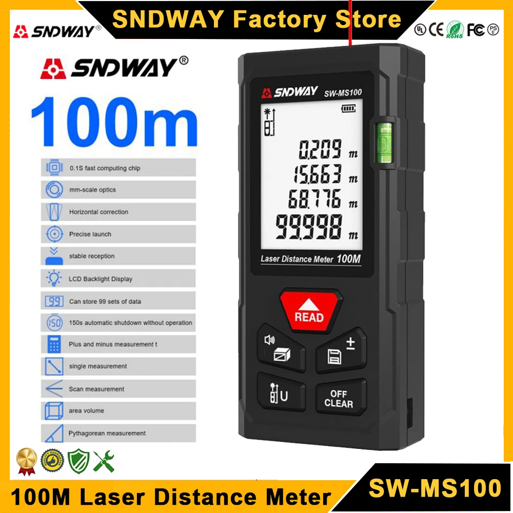 SNDWAY 100M Laser Distance Meter SW-MS100 Digital Rangefinder Laser Measuring Tool Range Finder Professional Laser Meter