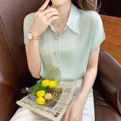 Elegant Fashion Ladies Beading Polo-Neck Solid Short Sleeve Shirt Tops Women's Clothing Summer Single-breasted Chiffon Blouses