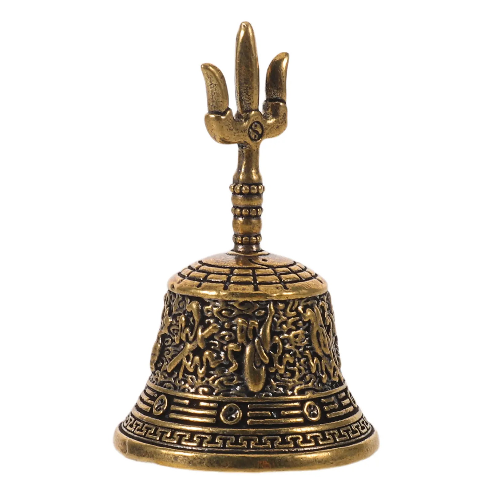 Brass Bell Traditional Chinese Style Trident Handle Decorative Home Desk Reception Spiritual Ceremony Call Bell
