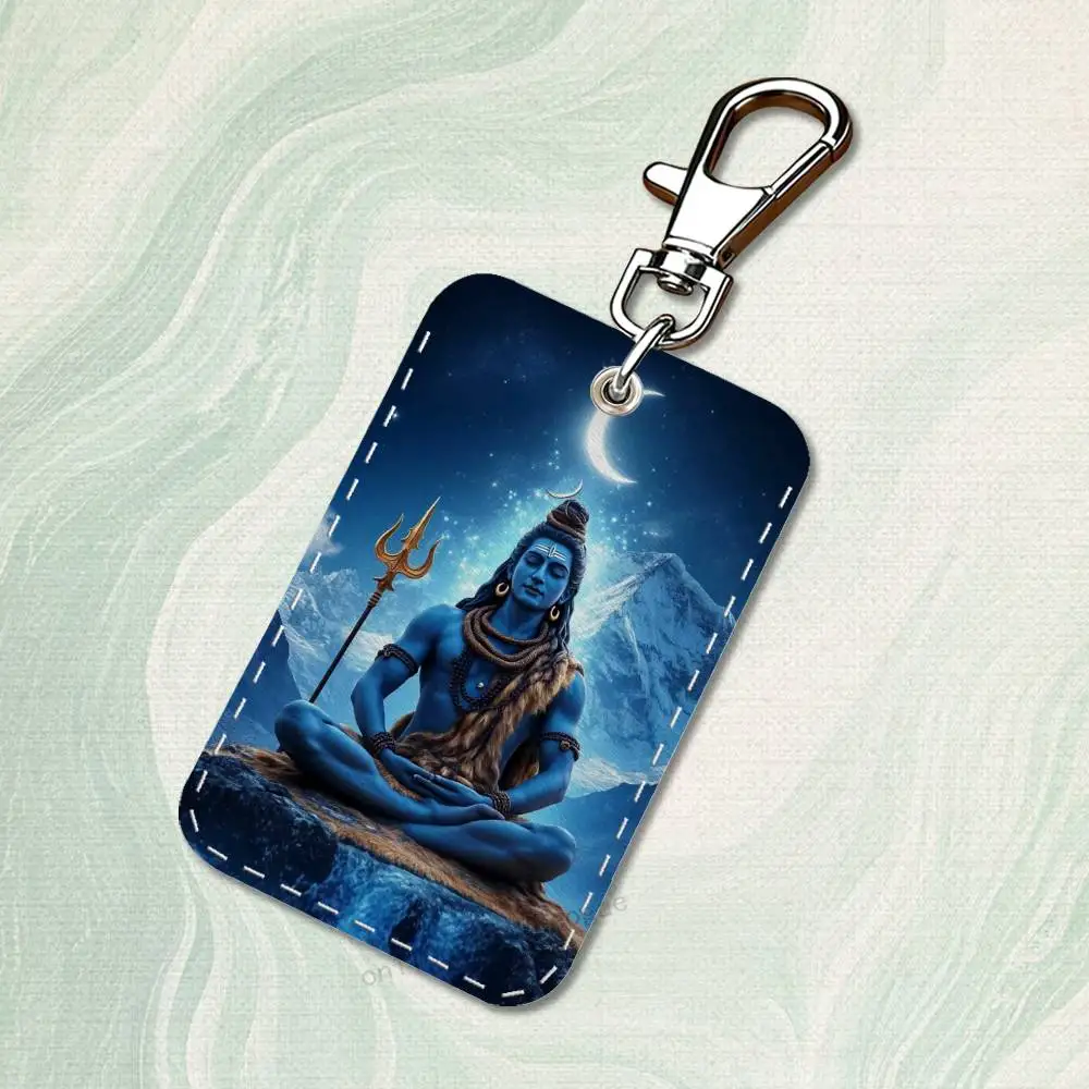 India Art Lord Shiva Rectangle Card Case Keychain Access Card Bag Key Tag Ring Leather Card Holder Key Ring Access