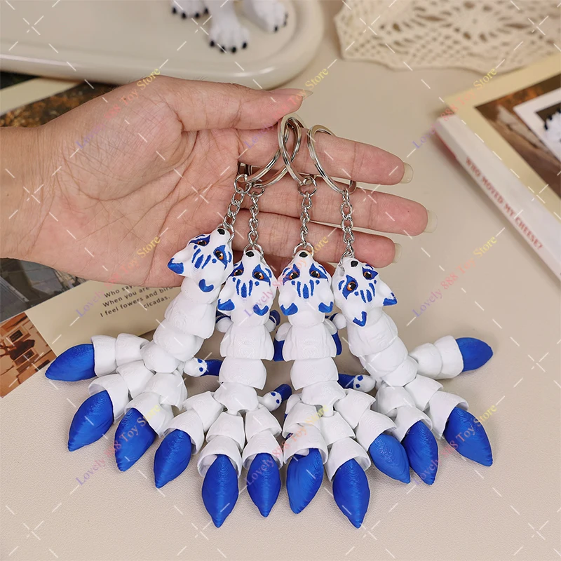 Actiefiguren 3D-geprinte drie staartvos sleutelhanger hanger speelgoed schattig diermodel gewrichten beweegbare vos desktop ornament