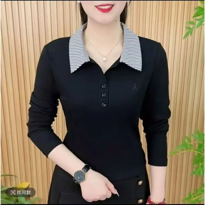 بلوزة نسائية بياقة بولو منقوشة مرقعة مكونة من قطعتين متعددة الاستخدامات وقصة ضيقة للمكتب للربيع