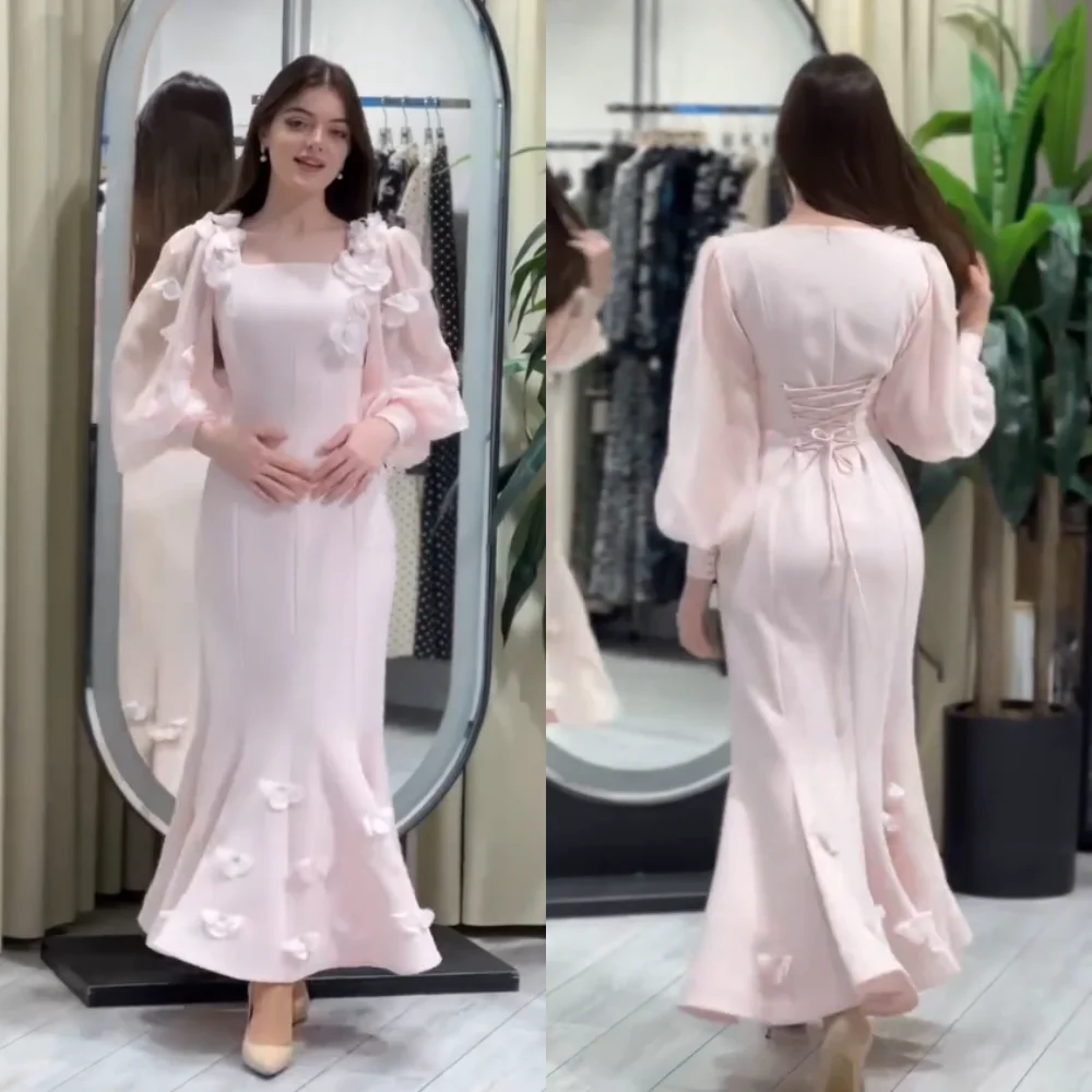 

Customized Party Gown Jersey Applique Flower Square Neck Mermaid Midi Dresses Bespoke Occasion Stylish Elegant High Quality