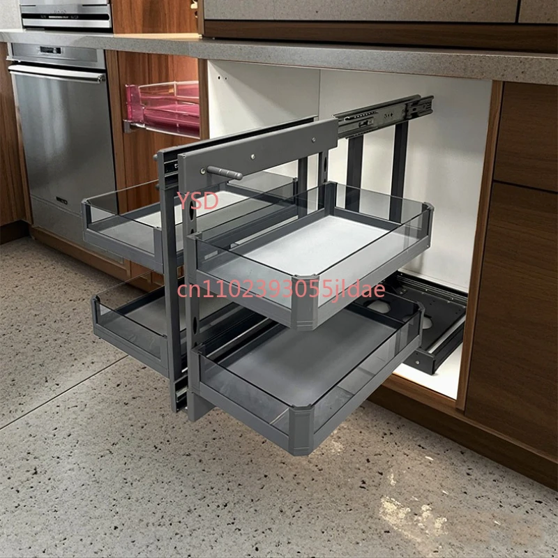 Drawer Style Corner Pull-out Storage Rack, Tempered Glass Seasoning Basket for Kitchen Cabinet