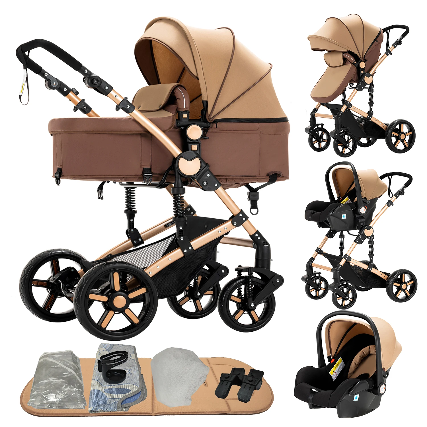 3-in-1 Babywandelwagen met autostoel, kinderwagen, zit- en ligstand, voor pasgeborenen, tweerichtings duwbaar, opvouwbaar reissysteem