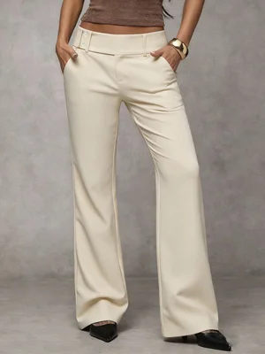 Ladies Solid Color High‑Rise Flare Trousers Double Buttons Waist Design Business Casual Pants For Women Work Office Wear With Si