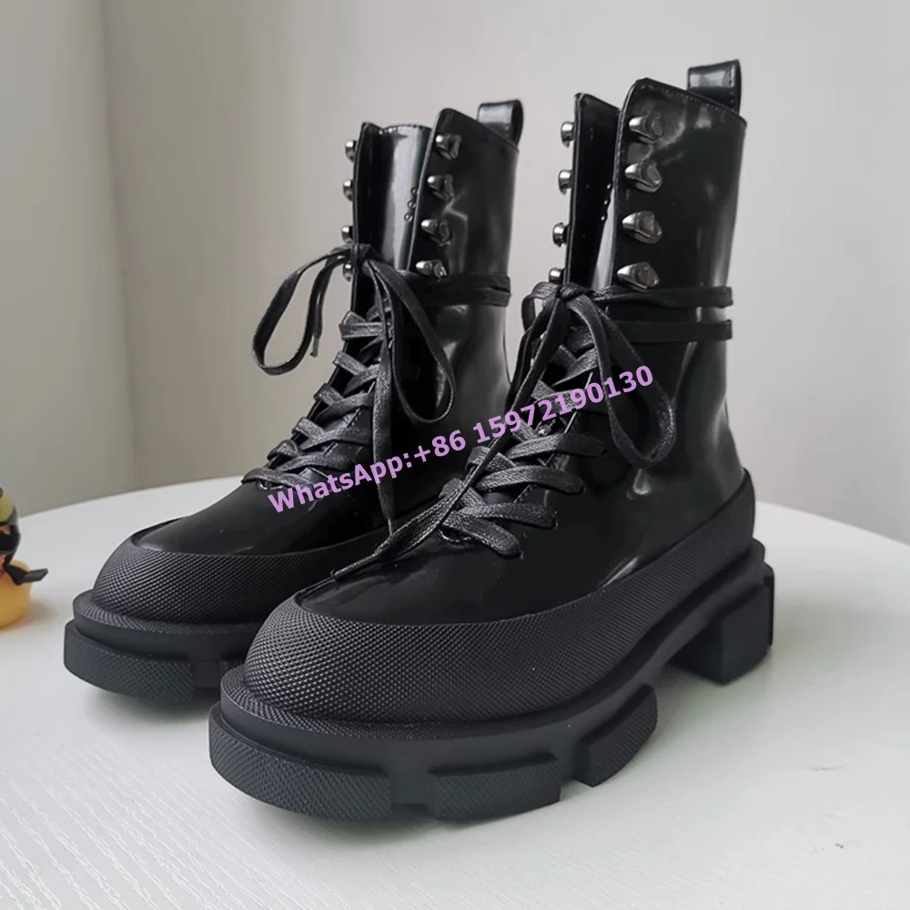 

Thick Soled Black Ankle Boots Cross Tied Round Toe Platform Square Heels Ankle Boots Women's Fashion Winter Concise Knight Shoes