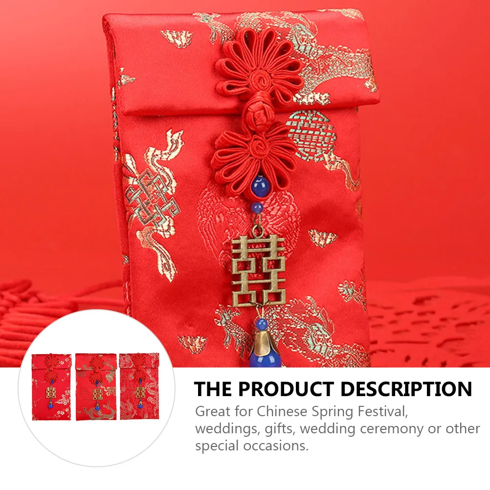 

3Pcs Festive Red Envelopes Fine Workmanship Embroidered Design for New Year Celebration Party Gifts Bags