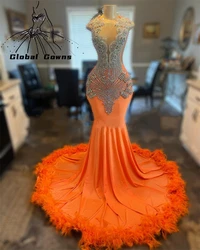 Orange O Neck Long Prom Dress For Black Girls 2024 Sparkly Beaded Crystal Birthday Party Dresses Feather Evening Gown Customized