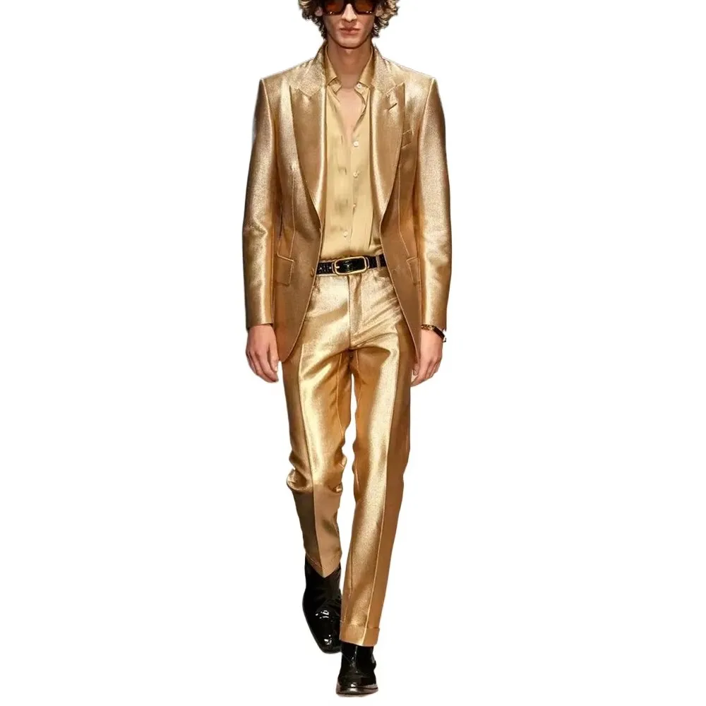 

One Button Groomsmen Gold Tuxedos Peak Lapel Men Suits Custom Made Wedding 2 Piceces ( Jacket + Pants + Bow Tie ) D528
