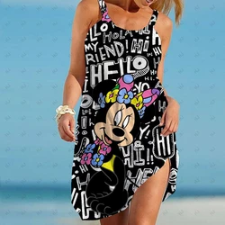 Vestido de praia feminino com letra o pescoço do mickey mouse, suspensão sem mangas, cobertura de natação elegante, vestido casual de verão para mulheres