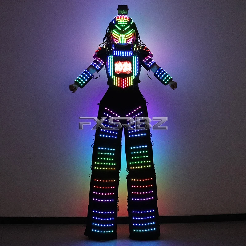 Voll farbe Pixel LED Roboter Anzug Kostüm Traje LED Anzug Kleid Kleidung Stelzen Leucht jacke Laser handschuhe Raubtier beleuchtet Helm