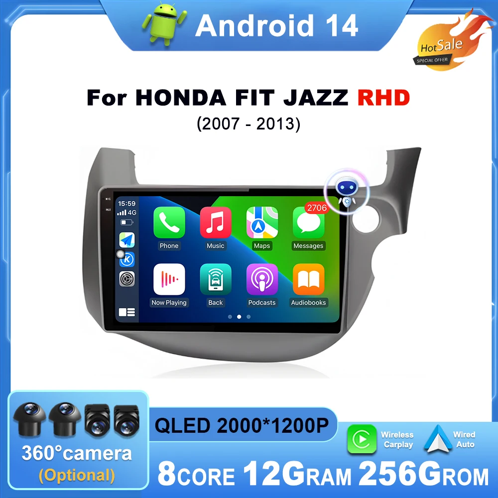 

10-дюймовый беспроводной Carplay Android для HONDA FIT JAZZ 2007-2013, правостороннее автомобильное радио Drvie, мультимедийный плеер, головное устройство, GPS-навигация
