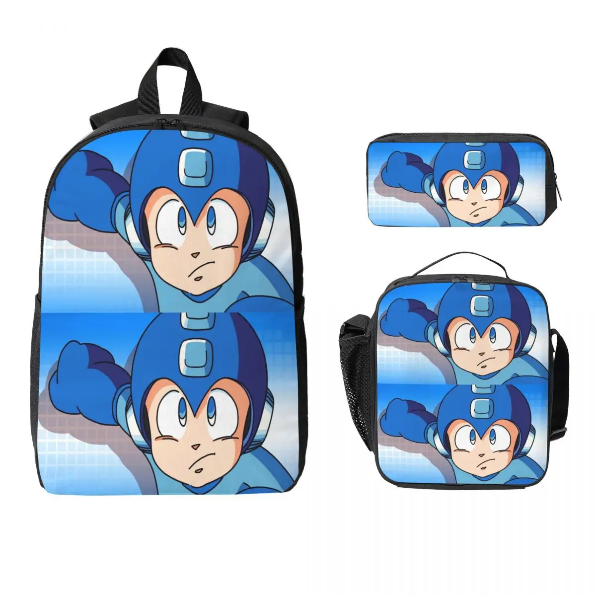 Megaman วิดีโอเกม Mega Man กระเป๋าเป้สะพายหลังชายหญิง BookBag กระเป๋าโรงเรียนกระเป๋าคอมพิวเตอร์ไหล่กระเป๋า 3 PS ถุงอาหารกลางวันฉนวนดินสอกรณี