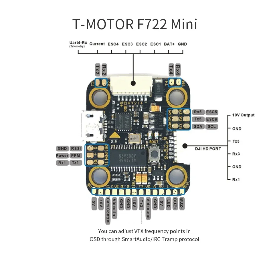 T-MOTOR mini controlador de vôo f7 stm32f722 bmi270 3 ~ 6s lipo suporte osd 20*20mm correspondência com f45a mini 4 em 1 esc para drone fpv