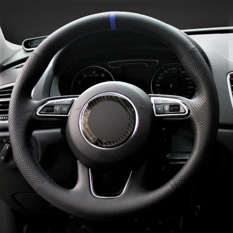 

Alcantara Real Leather Steering Wheel Cover Blue Thread Blue Stripe Steering Wheel Wrap Car Accessoires for Audi Q3 Q5 Q7 SQ5 8R