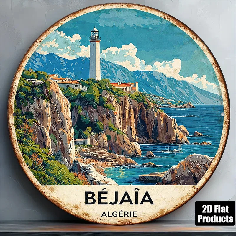 2D Flat - 1pc 8*8In/20X20Cm 2D Flat Round Aluminum Sign, Vintage Aluminum Plaque about Lighthouse And Seascape, Algeria Béjaïa C