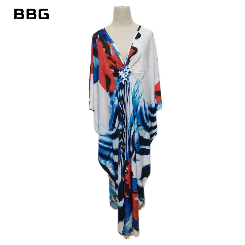 2022 Zomer Strand Kleding Voor Vrouwen Casual Marokkaanse Etnische Sexy Kaftan Jurk Batwing Mouw Loungewear Tuniek Badpak Cover Up