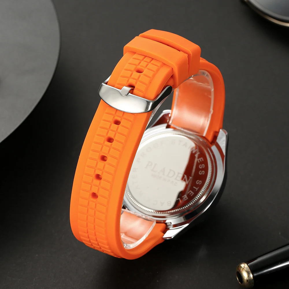 Hot Sell PLADEN Casual Quartz Watch For Men Sports Orange Silicone Strap Watches Man Fashion Grenade Waterproof Wristwatch Reloj