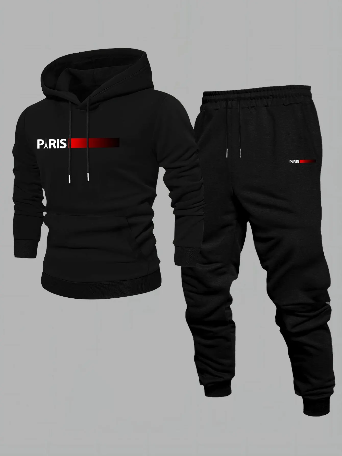 Men Streetwear Graphic Print Hooded Sweatshirt & Drawstring Pants 2‑Pcs Set, Autumn Winter Couple Matching Athletic Tracksuit