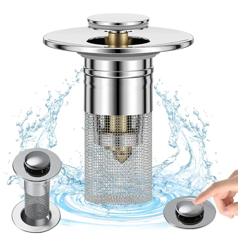 Anti-Clogging Pop-Up Sink Drain Plug - 3 Pcs Universal Washbasin Hair Catcher Stopper, Stainless Steel Bullet Core Bounce Filter, Jewelry Ring Saver for Bathroom & Kitchen Sink