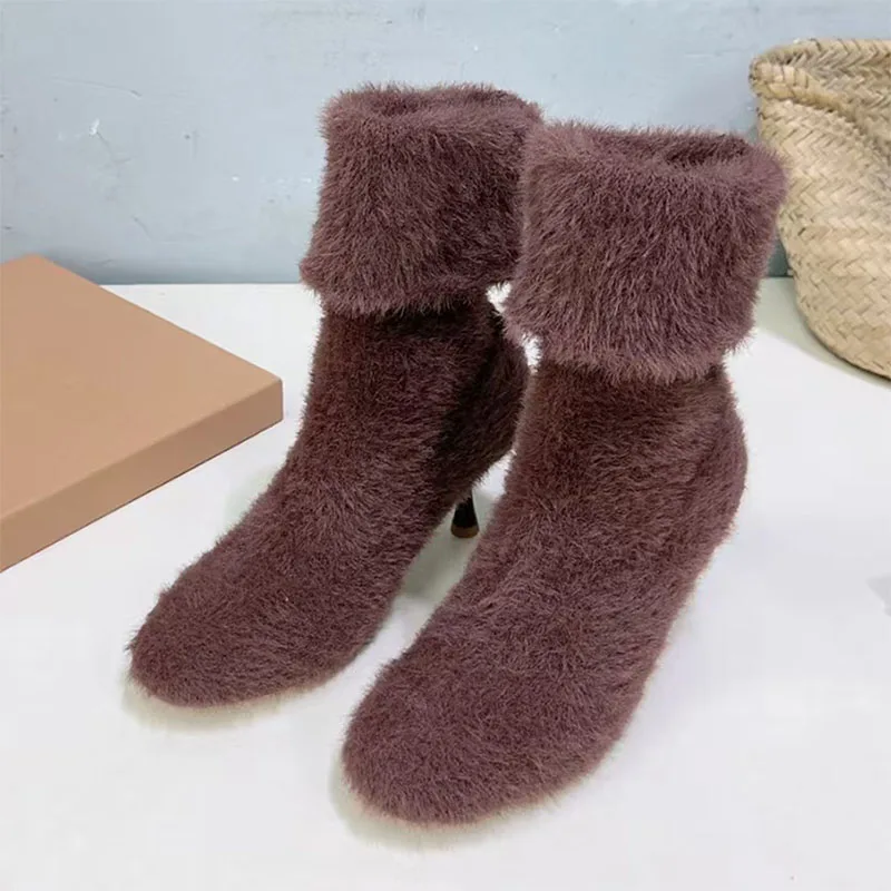 

New Stiletto Modern Ankle Boots Women Round Toe Slip On High Heels Shoes Woman Winter Runway Short Boots For Woman