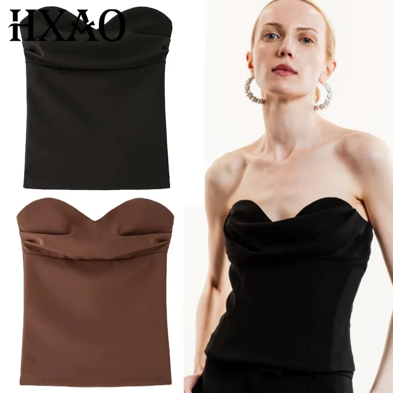 HXAO Damen Crop-Korsett-Top, Sommer 2022, Rüschen-Tanktops und Camis, sexy Schwarz, Braun, Röhrenoberteile, Westen, trägerlos, rückenfrei, Tanktops 066