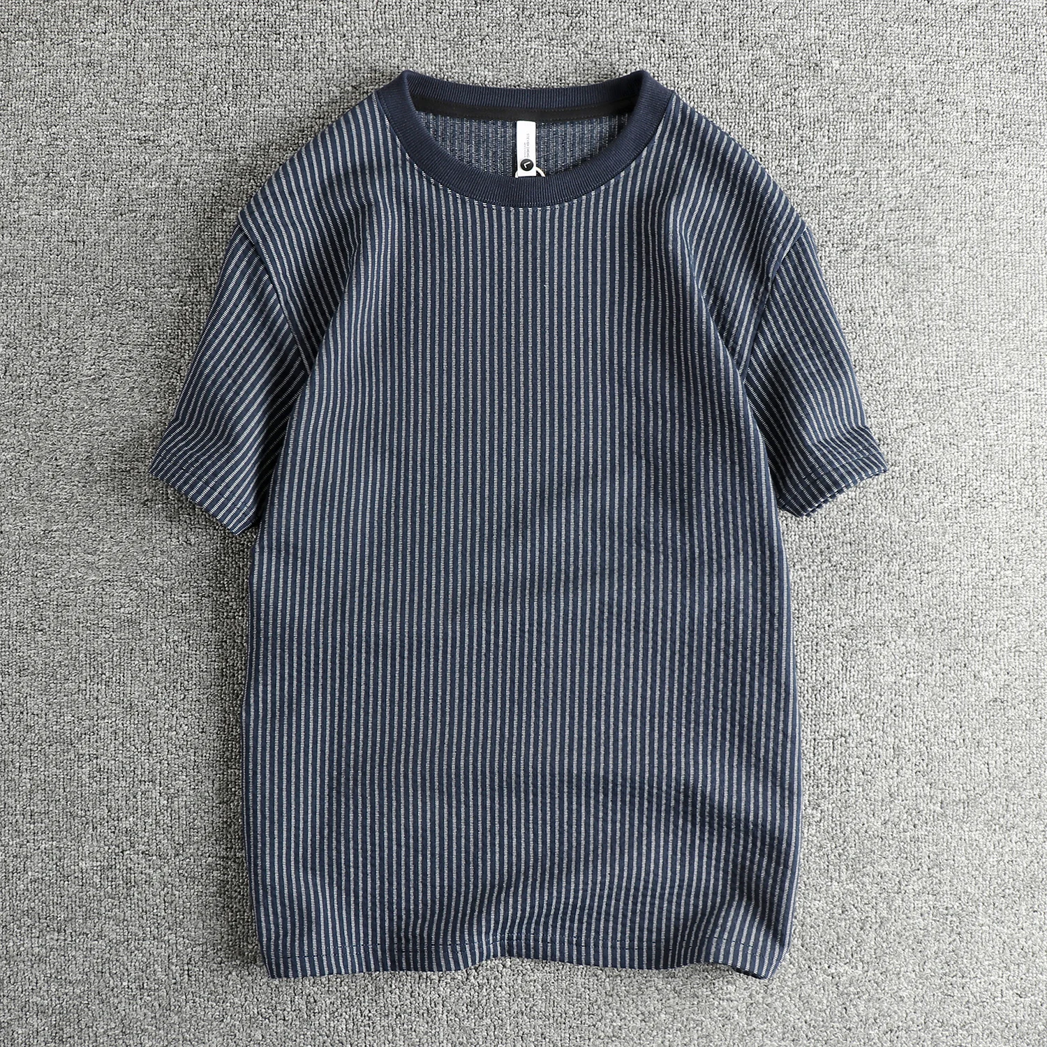 2025 Summer New American Retro Short Sleeve O-neck Knitted Striped T-shirt Men's Simple Fashion 71% Cotton Washed Casual Tops