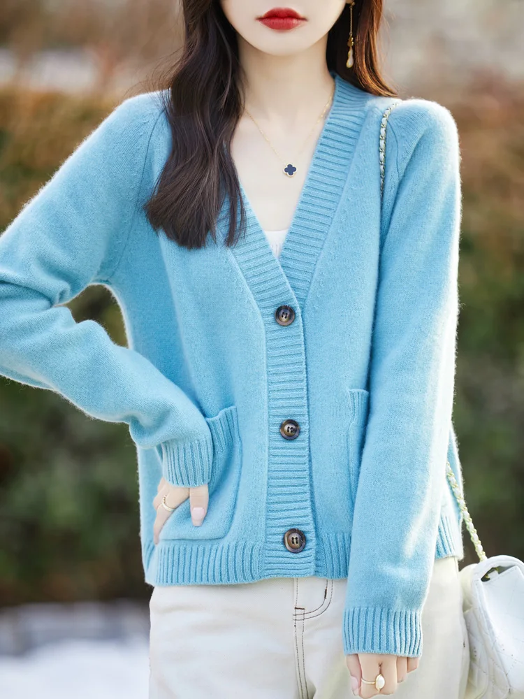 2024 New Spring Fashion Women 100% Merino Wool Cashmere Sweater  V-neck Cardigan Buttons Lazy Temperament Knitwear  Top Coat