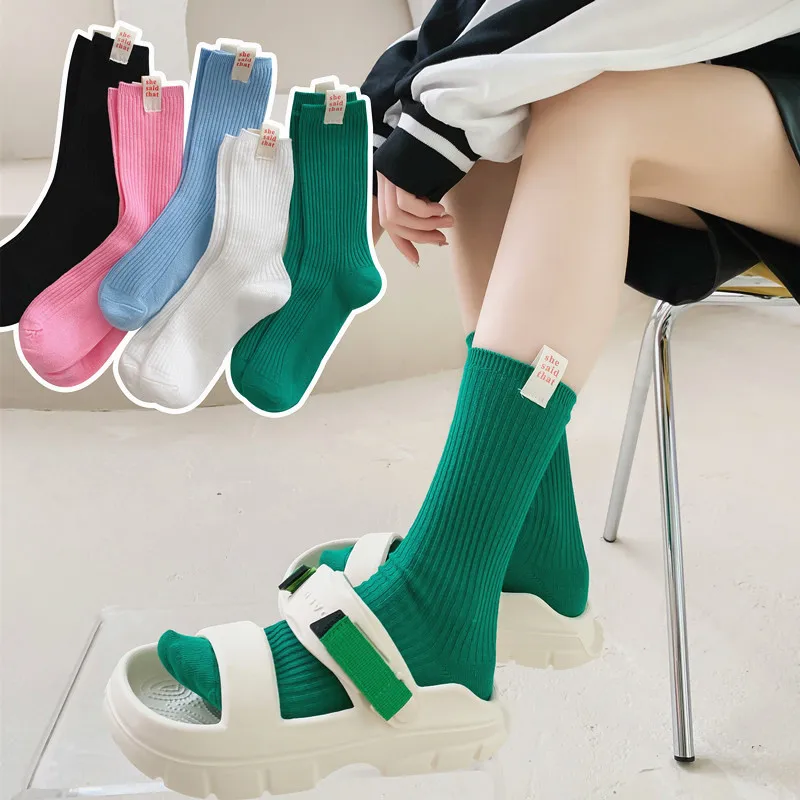 

She Said Japanese Retro Cloth Label Women's Cotton Pile Socks Korean Style Fashion Spring Summer Girls Socks