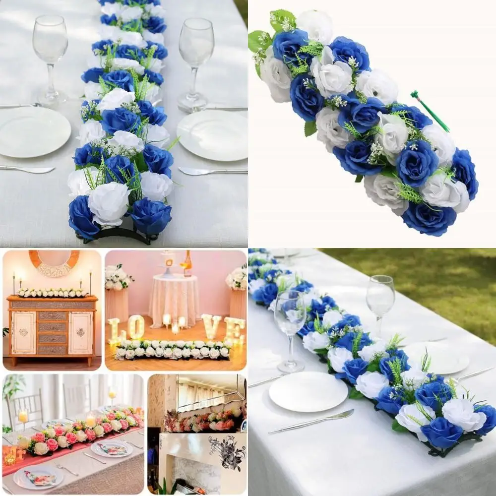 

6 Pack White and Royal Blue Silk Rose Flower Panel Table Runners for Artificial Floral Dining Table Decoration