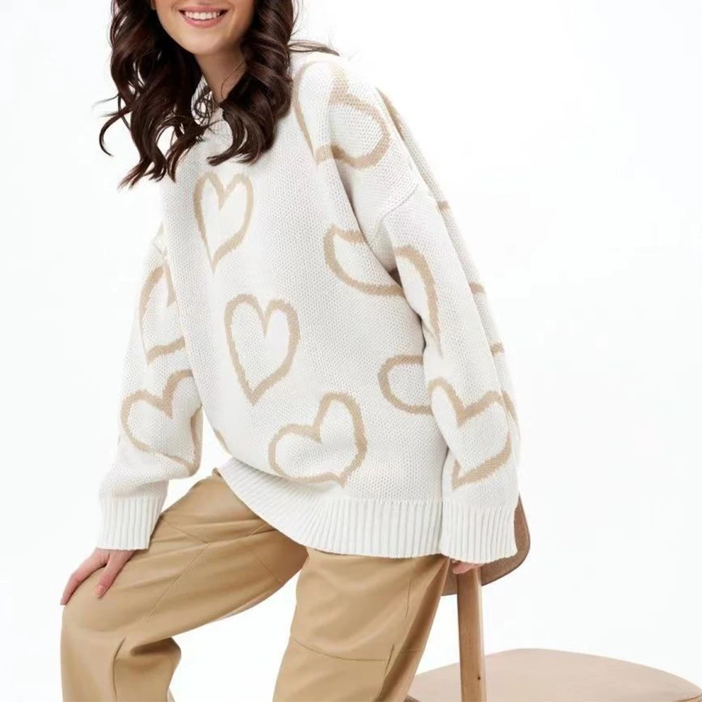 

Loose Oversize Lazy Women's Knitted Sweater Round Neck Pullover Heart Color Block Design Comfortable Soft Cotton Top