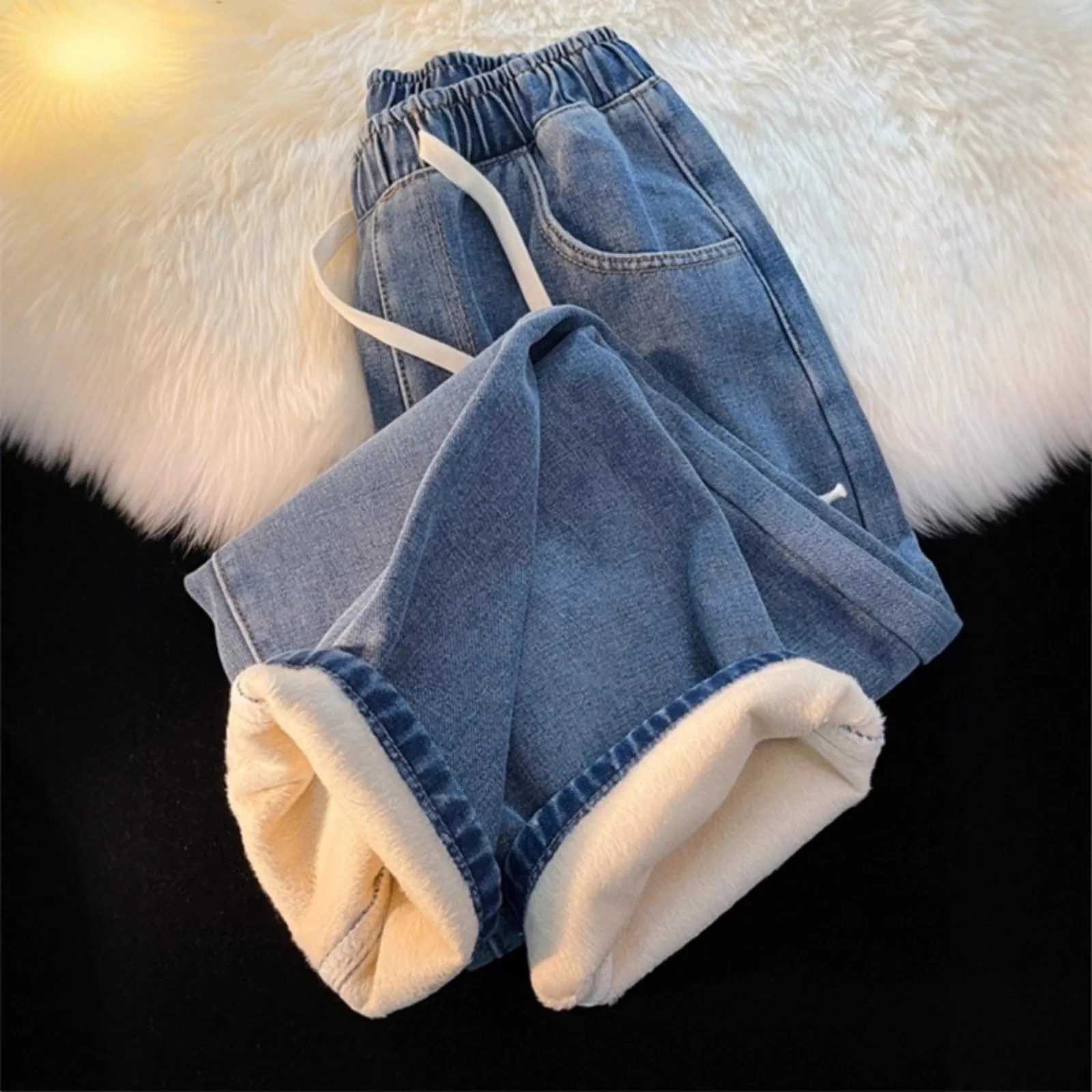 

Thickened Fleece Women's Jeans High Waist Drawstring Corduroy Winter Warm Loose Straight Leg Trousers Elastic Waist Vintage