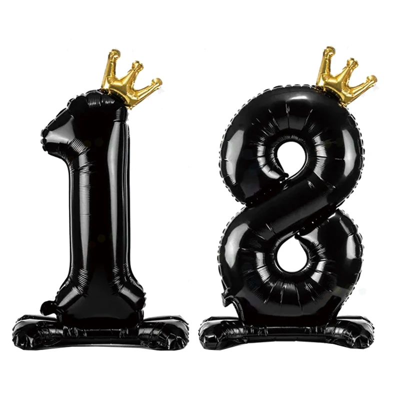 1Pc 40Inch Golden Crown Digital Black Balloon 0-9 Digital Balloon With Base Birthday Party Anniversary Decoration Shower Balloon