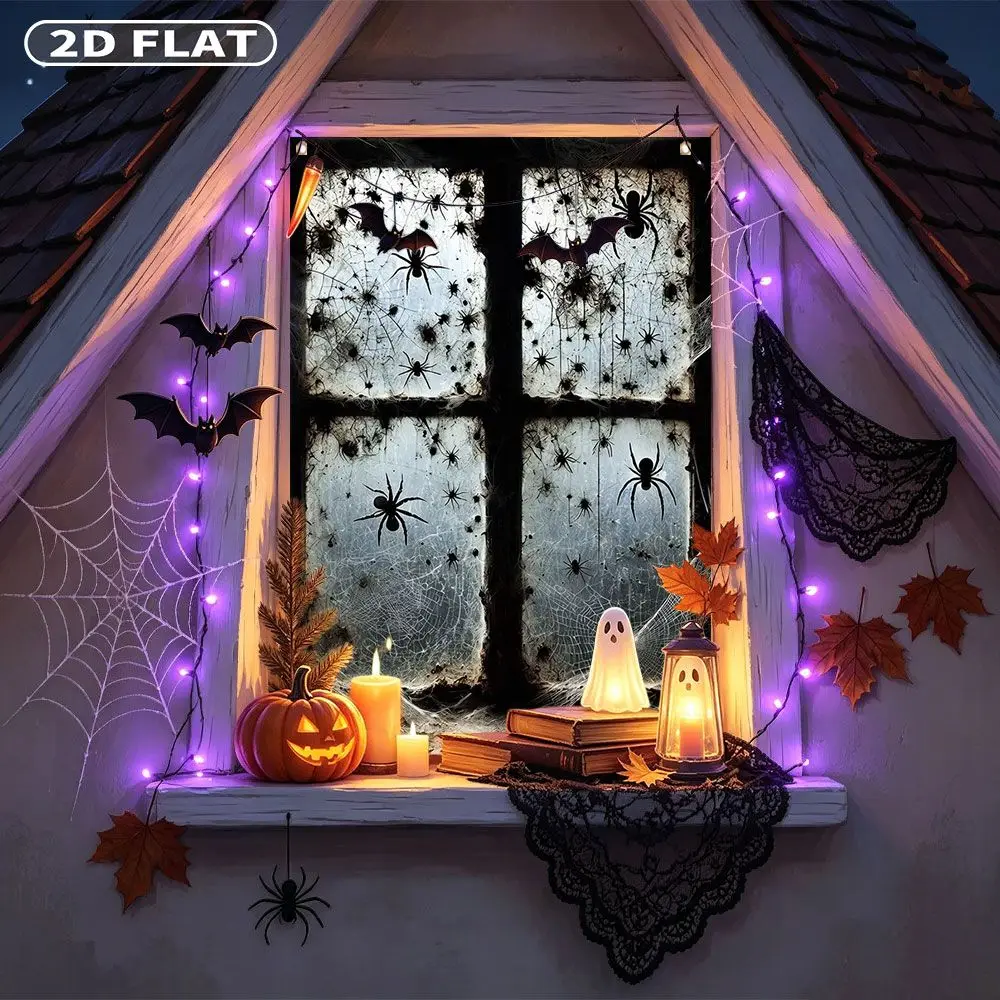 2D FLAT 1pc Party Window Cover Banner, with Spooky Spider Web Pattern On Old Window Panes, No Power Need Home Decor