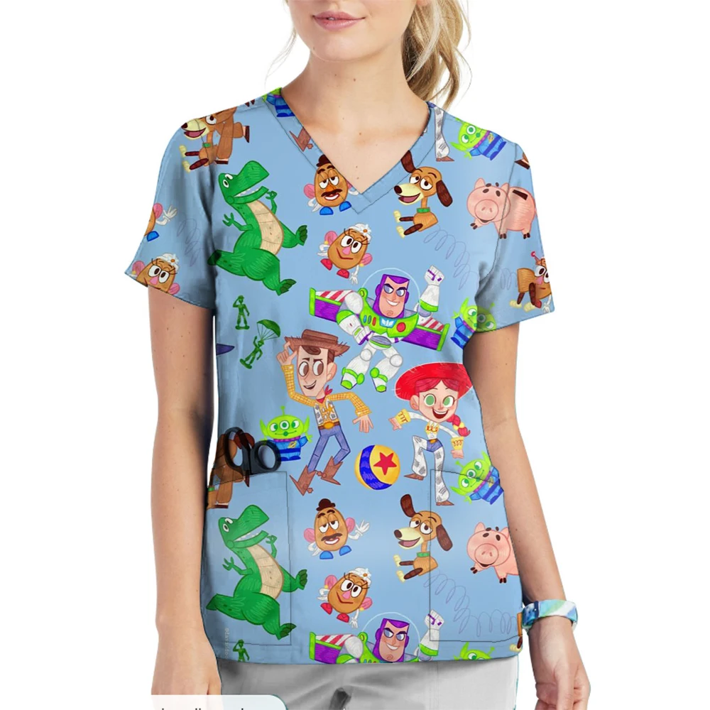 Women Cartoon Disney Toy Story print V-Neck Patched Pocket Medical Scrub Uniforms Nursing Short Sleeve Tops Nursing Surgical Uni