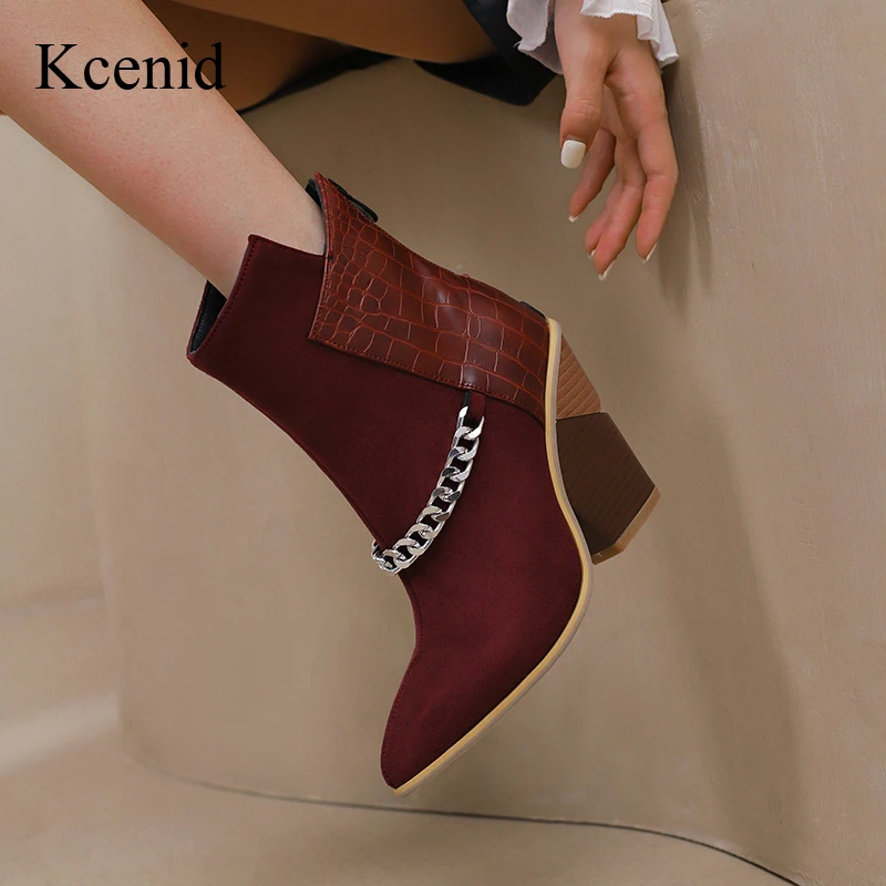 

Kcenid Plus Size 48 Pointed Toe Ankle Boots Fashion Chain Patchwork Chunky High Heels women's Party Sexy Cowboy Woman Shoes